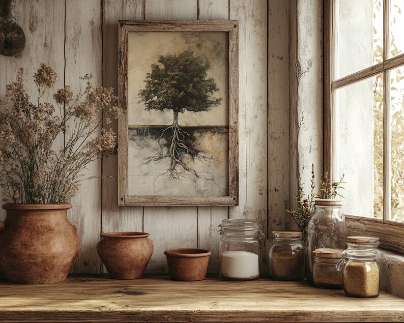May include: A rustic wooden wall with a framed painting of a tree with roots, a vase with dried flowers, and several glass jars with lids on a wooden shelf.