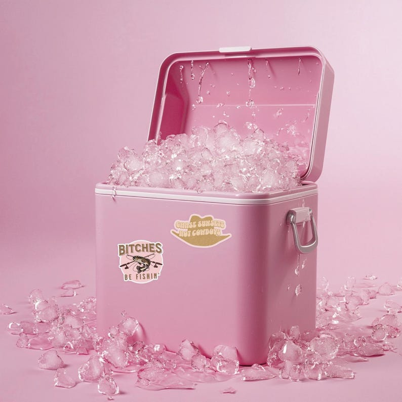 May include: A pink cooler with ice cubes inside. The cooler has two stickers on the front. One sticker says "Bitches Be Fishin'" and the other says "Girls just wanna have fun, not comfort".