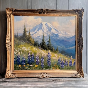 Impression du mont Rainier, affiche du parc national du mont Rainier, art mural lupin, impression de l'état de Washington, peinture de montagne, cadeau imprimable pour voyageur