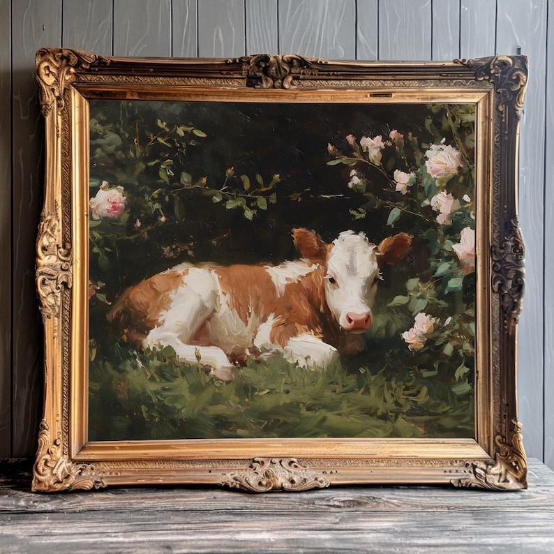 May include: An antique oil painting in a gold ornate frame. The artwork depicts a brown and white calf resting in a grassy area surrounded by pink roses and foliage. The painting has a dark background.