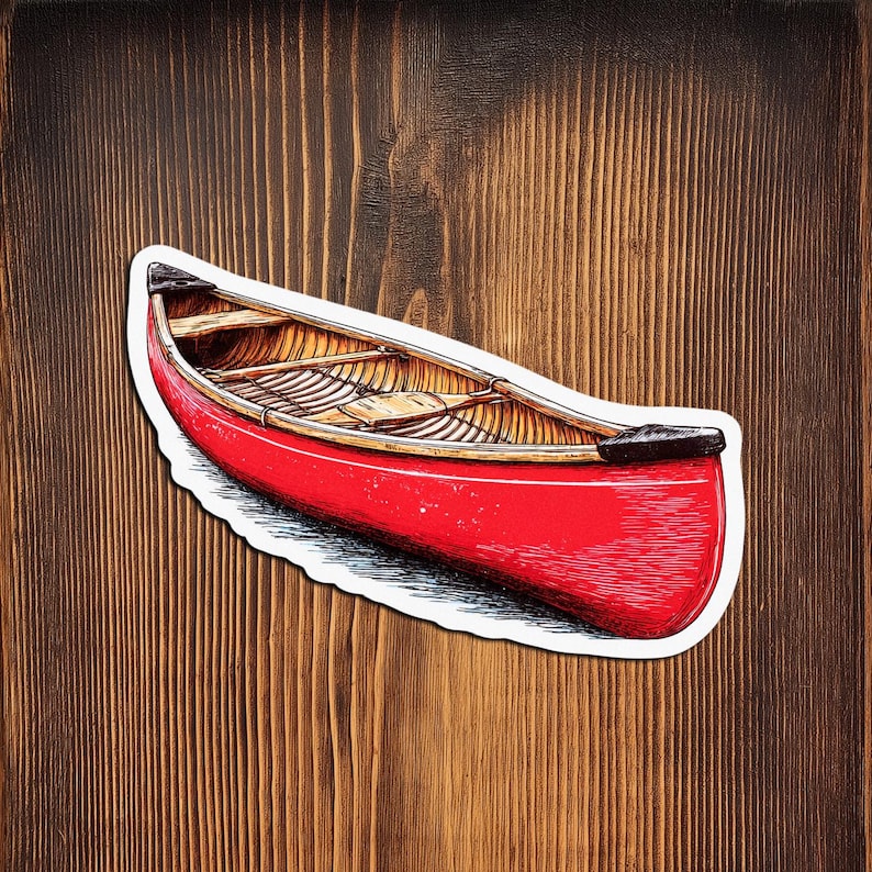 May include: A red canoe sticker with a white border featuring a detailed illustration of the boat's interior, including wooden benches and ribs, with black accents at the bow and stern, presented in a high-contrast, hand-drawn artistic style.