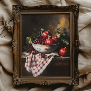 Granatowy nadruk Dark Academia Kitchen Decor Dark Cottagecore Kitchen Wall Art do kuchni Moody Kitchen Art Dark Fruit Oil Painting Fruit