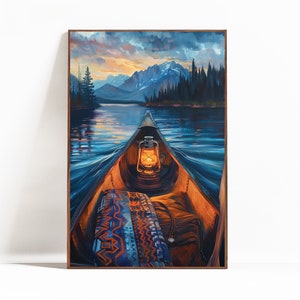 Canoe at Dusk Painting | Montana Inspired Wall Art | Washing State Artwork | Vintage Canoe | Vintage Camping Poster | Colorful Wall Decor