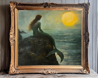 May include: A painting of a mermaid sitting on a rock with a large yellow sun in the background. The mermaid has long red hair and a green tail. The ocean is a dark blue with waves.