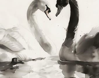 白鳥の壁アート ブラックスワンの印刷可能 白鳥の水彩画 黒と白の壁