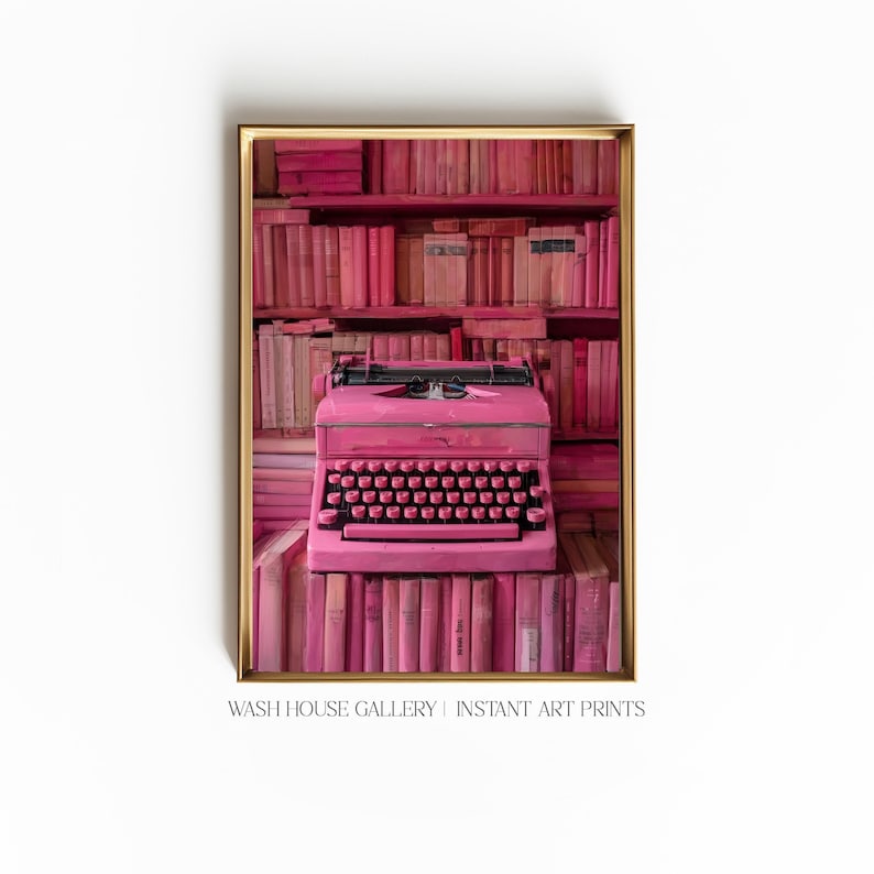 Hot pink maximalist wall art of a pink typewriter in an all pink library. Pink books wall art print. Retro typewriter pink. Pink Retro typewriter. Pink typewriter wall art. Pink Aesthetic Wall Art. Hot Pink Gallery Wall Art. Pink bedroom decor.