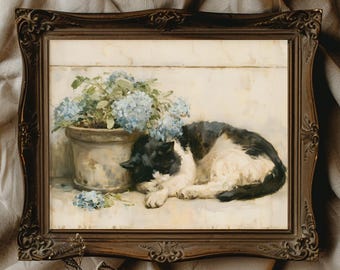 Sleeping Black and White Cat Giclee Print, Cottagecore Wall Art, Blue Hydrangea Decor, French Country Farmhouse Art, Cat Lover Gift