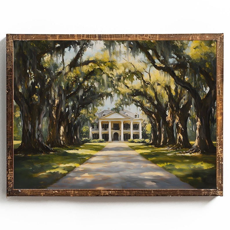 May include: A painting of a white plantation house with a long driveway lined with large oak trees draped in Spanish moss. The house has a white columned porch and a green roof.