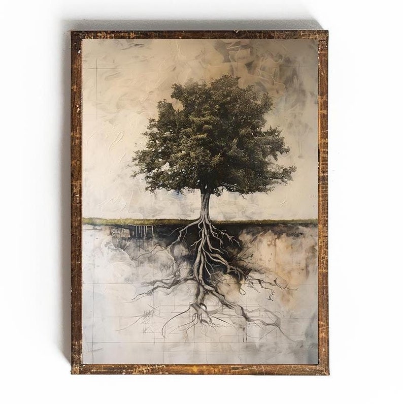 May include: A framed painting of a tree with its roots exposed, set against a light brown background. The tree has a dark green canopy and the roots are a dark brown color. The painting is framed in a dark brown wood frame.