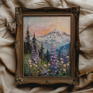 Impression du mont Rainier, affiche du parc national du mont Rainier, art mural lupin, impression de l'état de Washington, peinture de montagne, cadeau imprimable pour voyageur