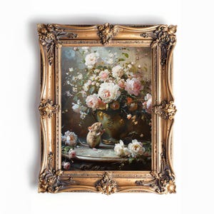 May include: A framed oil painting of a still life featuring a bouquet of white and pink roses in a green vase, with a small white mouse peeking out from behind the vase.