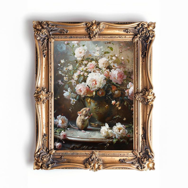 May include: A framed oil painting of a still life featuring a bouquet of white and pink roses in a green vase, with a small white mouse peeking out from behind the vase.