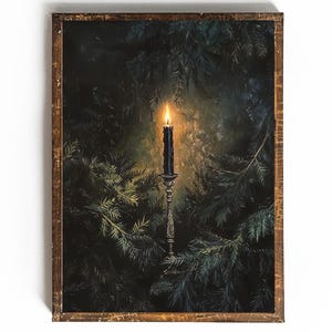 Dark Academia Wand Kunst Stimmungsvolles Wanddekor Gothic Kunst Schwarze Kerze druckbare Waldwandkunst dunkle Weihnachten druckbare Weihnachtswandkunst dunkel