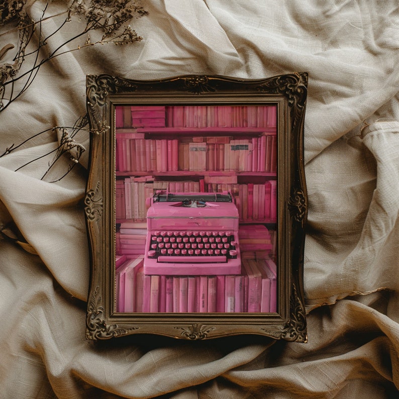 Hot pink maximalist wall art of a pink typewriter in an all pink library. Pink books wall art print. Retro typewriter pink. Pink Retro typewriter. Pink typewriter wall art. Pink Aesthetic Wall Art. Hot Pink Gallery Wall Art. Pink bedroom decor.