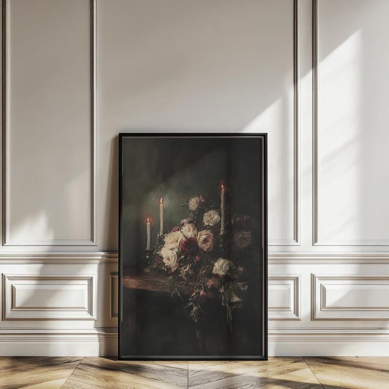 Arte floral oscuro para pared, arte floral melancólico para decoración de pared de baño, arte académico oscuro para decoración de rincones de lectura, arte floral victoriano imprimible imagen 5