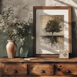May include: A framed print of a watercolor painting depicting a tree with its roots exposed, set against a light brown background. The print is displayed on a wooden dresser with two drawers, alongside a vase of white flowers and a small framed print.