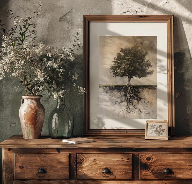 May include: A framed print of a watercolor painting depicting a tree with its roots exposed, set against a light brown background. The print is displayed on a wooden dresser with two drawers, alongside a vase of white flowers and a small framed print.