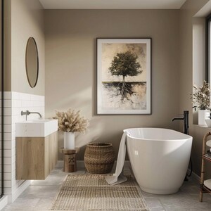 May include: A white bathtub with a brown woven basket and a white towel in a bathroom with beige walls and a framed print of a tree with roots.