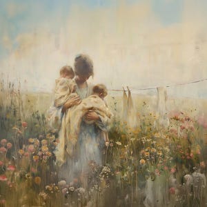 May include: A woman in a white dress holds two children in a field of wildflowers. The children are wrapped in blankets and the woman is looking down at them. The background is a soft, hazy blue.