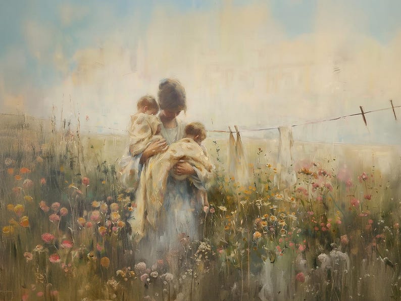 May include: A woman in a white dress holds two children in a field of wildflowers. The children are wrapped in blankets and the woman is looking down at them. The background is a soft, hazy blue.