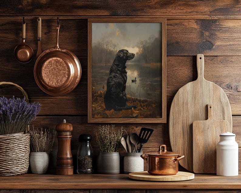 Puede incluir: Una pintura enmarcada de un labrador retriever negro sentado junto a un lago con patos en el fondo. La pintura est&aacute; colgada en una pared de madera r&uacute;stica con ollas de cobre y una tabla de cortar de madera.