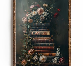 Vintage Books Floral Print, Dark Academia Wall Art, Giclee
