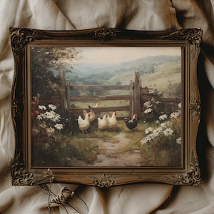 May include: An antique framed painting depicts a rural landscape with a wooden fence, a dirt path, and several chickens. The artwork features a color palette of greens, browns, and whites, with a detailed ornate gold frame.