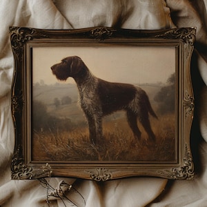 Op de afbeelding: Een antiek ingelijst schilderij van een bruine en grijze hond die in een veld staat. De hond heeft een lange snuit en een ruige vacht. Het schilderij is gevat in een gouden, sierlijke lijst, met een landschapsachtergrond.