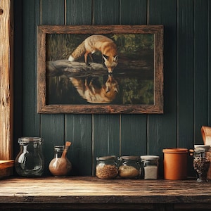 May include: A framed print of a fox drinking from a pond, with its reflection visible in the water. The print has a rustic wooden frame and is displayed on a dark teal wall. The scene evokes a sense of nature and wildlife.