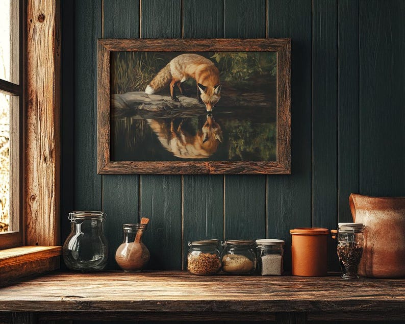 May include: A framed print of a fox drinking from a pond, with its reflection visible in the water. The print has a rustic wooden frame and is displayed on a dark teal wall. The scene evokes a sense of nature and wildlife.
