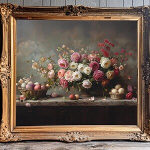 May include: A still life painting in a gold frame shows a bouquet of pink, white, and red roses in a vase. The roses are surrounded by green leaves and stems. There are also several eggs in a basket on the table.