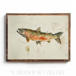 VINTAGE SALMON PRINT Steelhead Salmon Watercolor Art Printable Wall Art for Cabin Decor Rustic Fly Fishing Wall Art Gift for Fisherman Gift