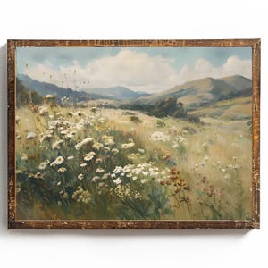 Väggkonst Cottagecore med vildblommande ängstryck Vårväggdekoration Vildblommande tryck Bergslandskapstryck Vintage ängstryck Stugakonst