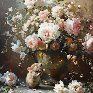 May include: A small brown mouse stands on a table with a vase of white and pink roses. The vase is decorated with gold accents and the table is covered in white petals.