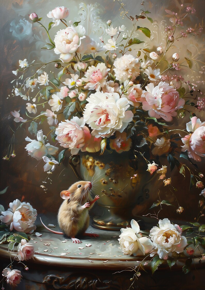 May include: A small brown mouse stands on a table with a vase of white and pink roses. The vase is decorated with gold accents and the table is covered in white petals.