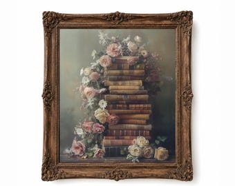 Lámina de libro vintage, arte mural estilo cottagecore con aires melancólicos, decoración romántica para biblioteca, lámina de libros antiguos de estilo campestre francés, obra de arte floral shabby chic.