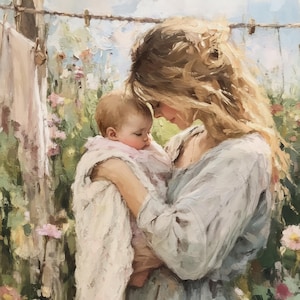 May include: A painting of a woman holding a baby in her arms. The woman has long blonde hair and is wearing a white dress. The baby is wearing a white blanket and has a pink and white dress underneath. The background is a blurry image of a garden with flowers.