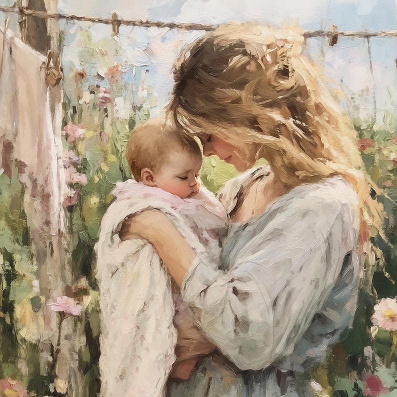 May include: A painting of a woman holding a baby in her arms. The woman has long blonde hair and is wearing a white dress. The baby is wearing a white blanket and has a pink and white dress underneath. The background is a blurry image of a garden with flowers.