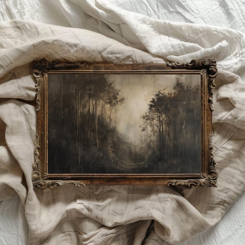 Dark oil painting printable. Vintage dark toned wall art. Vintage forest oil painting. Dark cottagecore wall art. Vintage oil painting print. Dark tone wall art. Brown tone wall art. Printable oil painting wall art. Wall art cottagecore. Spooky art