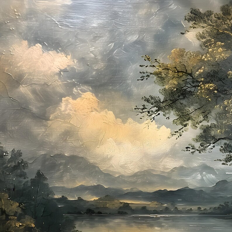 May include: A painting depicting a landscape with a lake, mountains, and a tree in the foreground. The sky is a light blue with white clouds. The mountains are a dark blue and the lake is a light blue. The tree is a dark green.