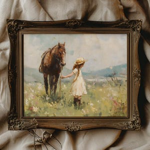 May include: A framed oil painting depicting a young girl in a white dress and straw hat walking with a brown horse in a field of wildflowers.