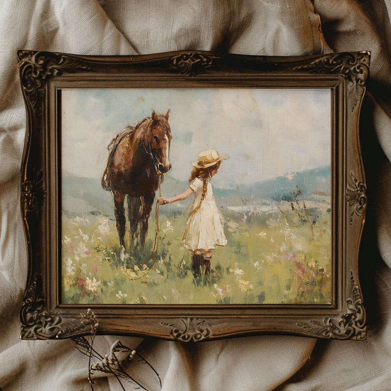 May include: A framed oil painting depicting a young girl in a white dress and straw hat walking with a brown horse in a field of wildflowers.