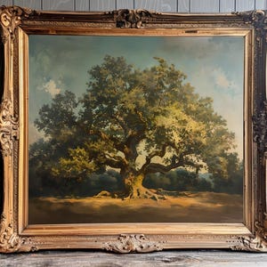 May include: An oil painting framed in a gold ornate frame, depicting a large, ancient oak tree with gnarled branches and a thick trunk. The tree is set against a backdrop of a lush green forest and a blue sky with fluffy clouds.