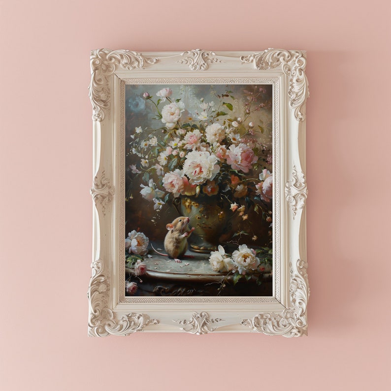 May include: A framed painting of a bouquet of white roses in a vase with a small mouse sitting on a table in front of the vase.