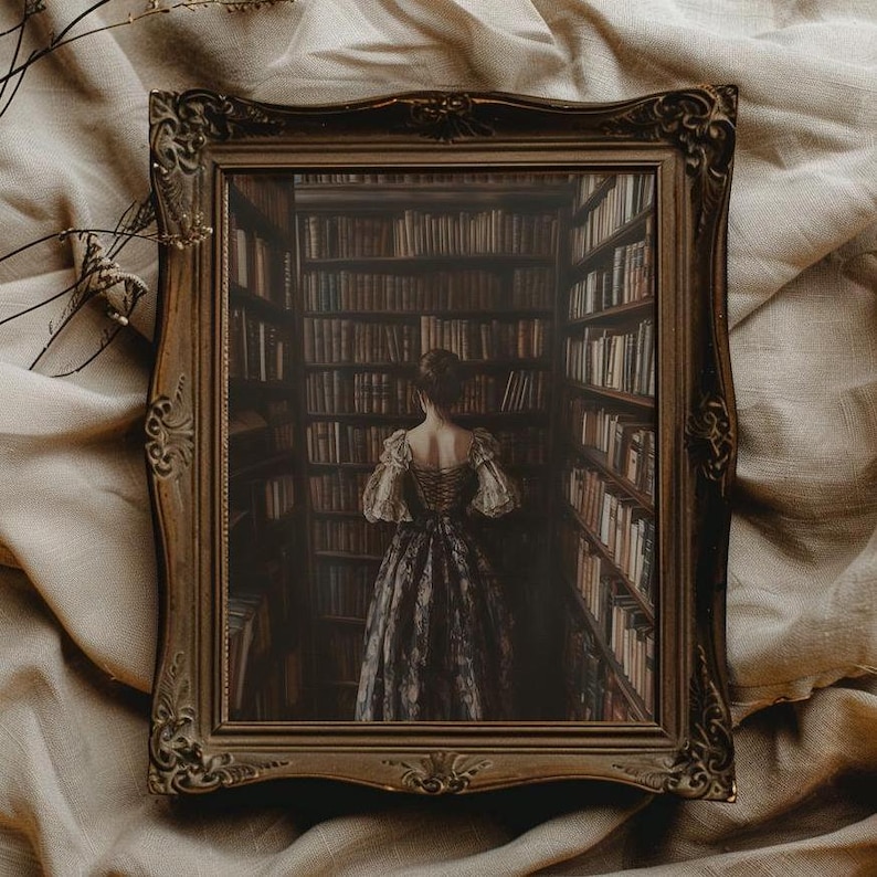 May include: A framed painting of a woman in a long, dark dress standing in a library with bookshelves filled with books.