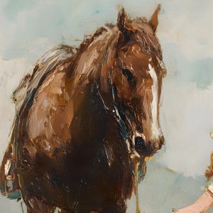 May include: A painting of a brown horse with a white stripe on its face. The horse is looking down and to the left. The background is a light blue.
