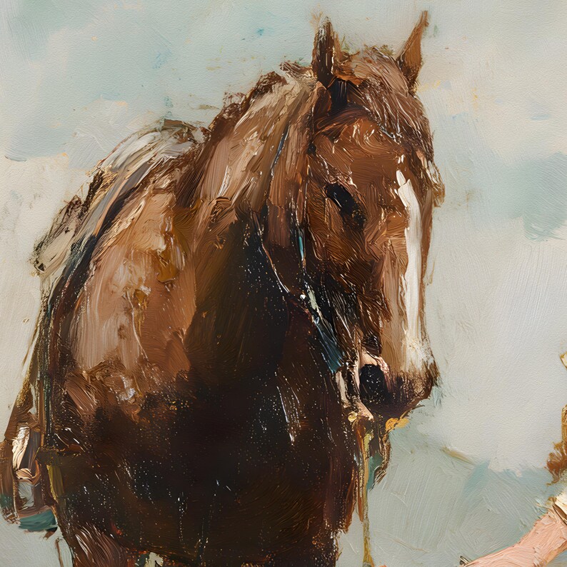 May include: A painting of a brown horse with a white stripe on its face. The horse is looking down and to the left. The background is a light blue.
