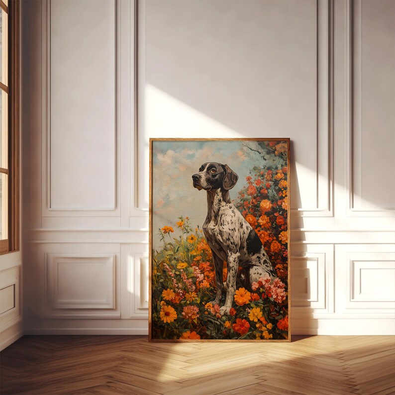 May include: A black and white spotted dog sits in a field of orange, yellow, and red flowers. The dog is looking to the left of the image. The background is a blue sky with white clouds.