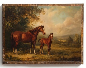 Lámina vintage de caballo, arte de pared con yegua y potro, decoración imprimible de estilo cottagecore, arte clásico de caballos, regalo para amantes de los caballos.