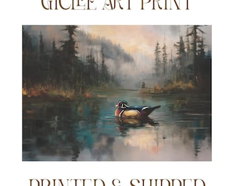 May include: Giclee art print of a serene lake scene with a colorful duck floating on the water. The artwork features a misty forest backdrop and the text "GICLEE ART PRINT" at the top.